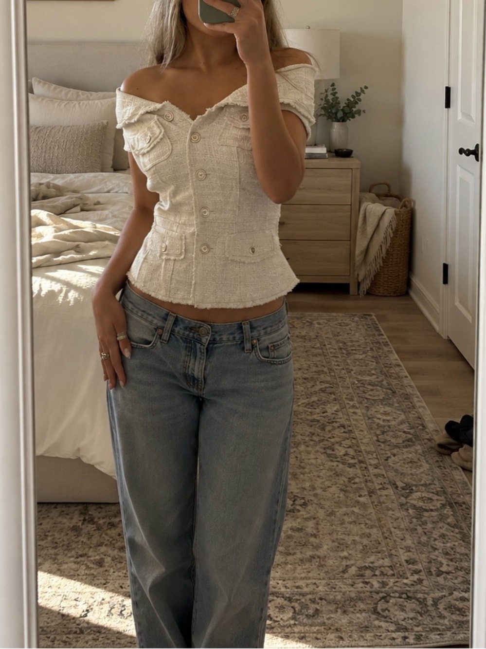 Off-Shoulder Cream Button-Front Textured Top